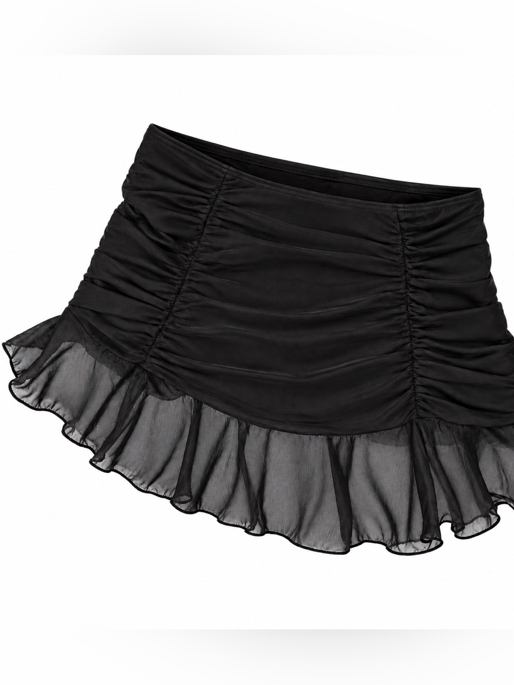 Black Ruched Ruffle Mini Skirt/Swim Cover-Up